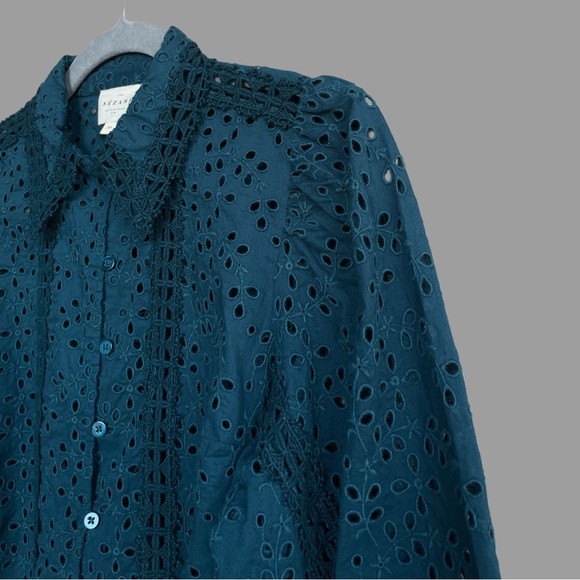 SEZANE Turquoise Blue Embroidered Eyelet Lace Button Down Cara Shirt Blouse Top - Picture 6 of 17